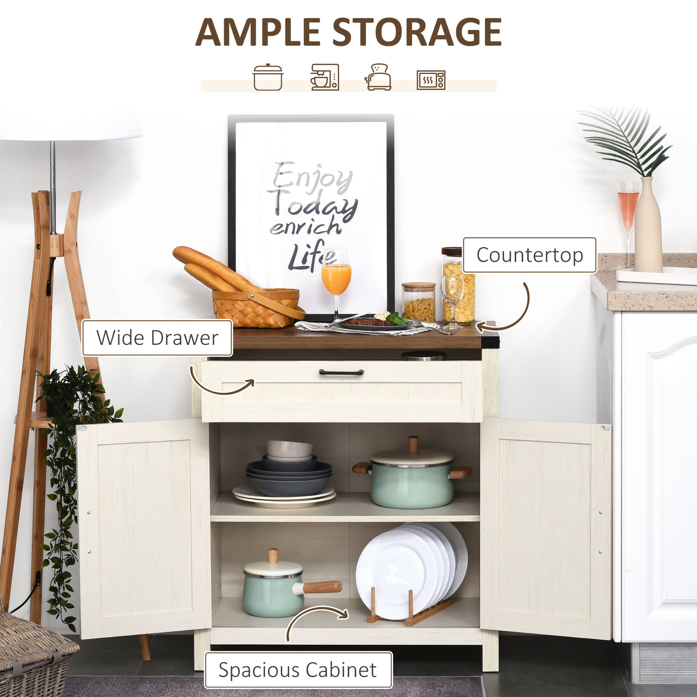 Farmhouse Kitchen Storage Cabinet, Sideboard Buffet Cabinet with 2 Rustic Barn Doors and Drawer, White