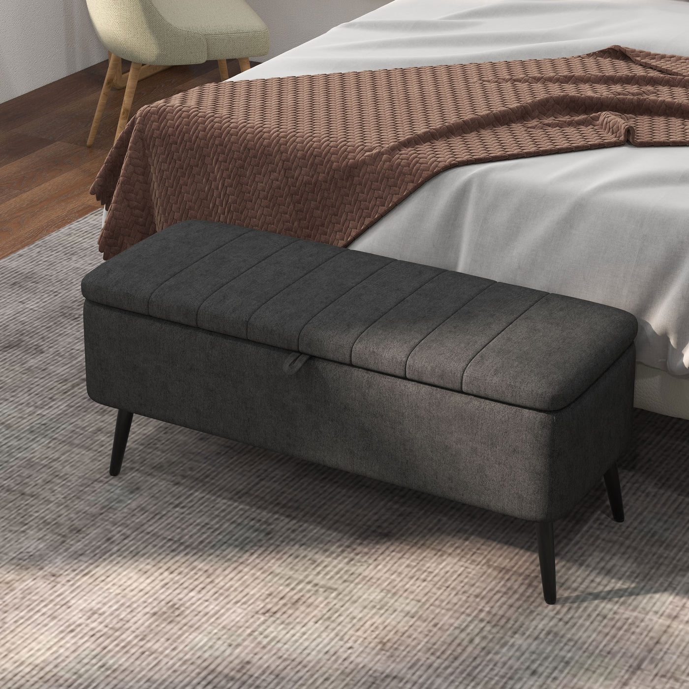40" Ottoman with Storage, Linen Upholstered Storage Ottoman Bench with Steel Legs for Living Room, Bedroom Black