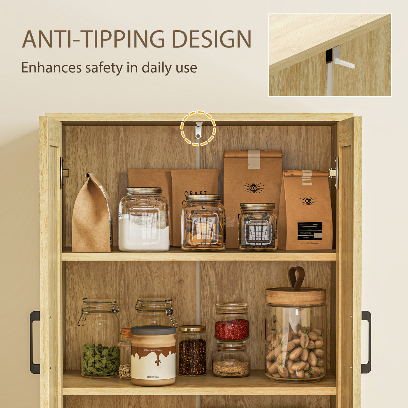 67" Tall Kitchen Pantry, Freestanding Kitchen Storage Cabinet with 4 Rattan Doors and Adjustable Shelves, Oak
