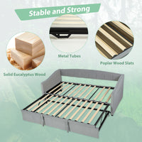 Upholstered Twin Size Trundle Bed, Velvet Twin to King Day Bed with Pop Up Trundle, Headboard and 2 Pockets, Light Grey