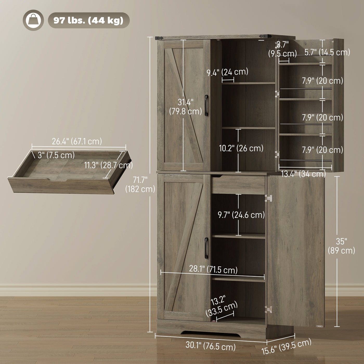 72" Kitchen Pantry Cabinet, Farmhouse Storage Cabinet with 4 Doors, Drawer, 8 Door Shelves and Adjustable Shelf, Grey