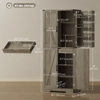 72" Kitchen Pantry Cabinet, Farmhouse Storage Cabinet with 4 Doors, Drawer, 8 Door Shelves and Adjustable Shelf, Grey
