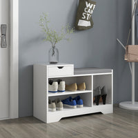 Upholstered Shoe Storage Bench, Hallway Shoe Storage with Seat, Drawer, 3 Open Shelves for Entryway, White