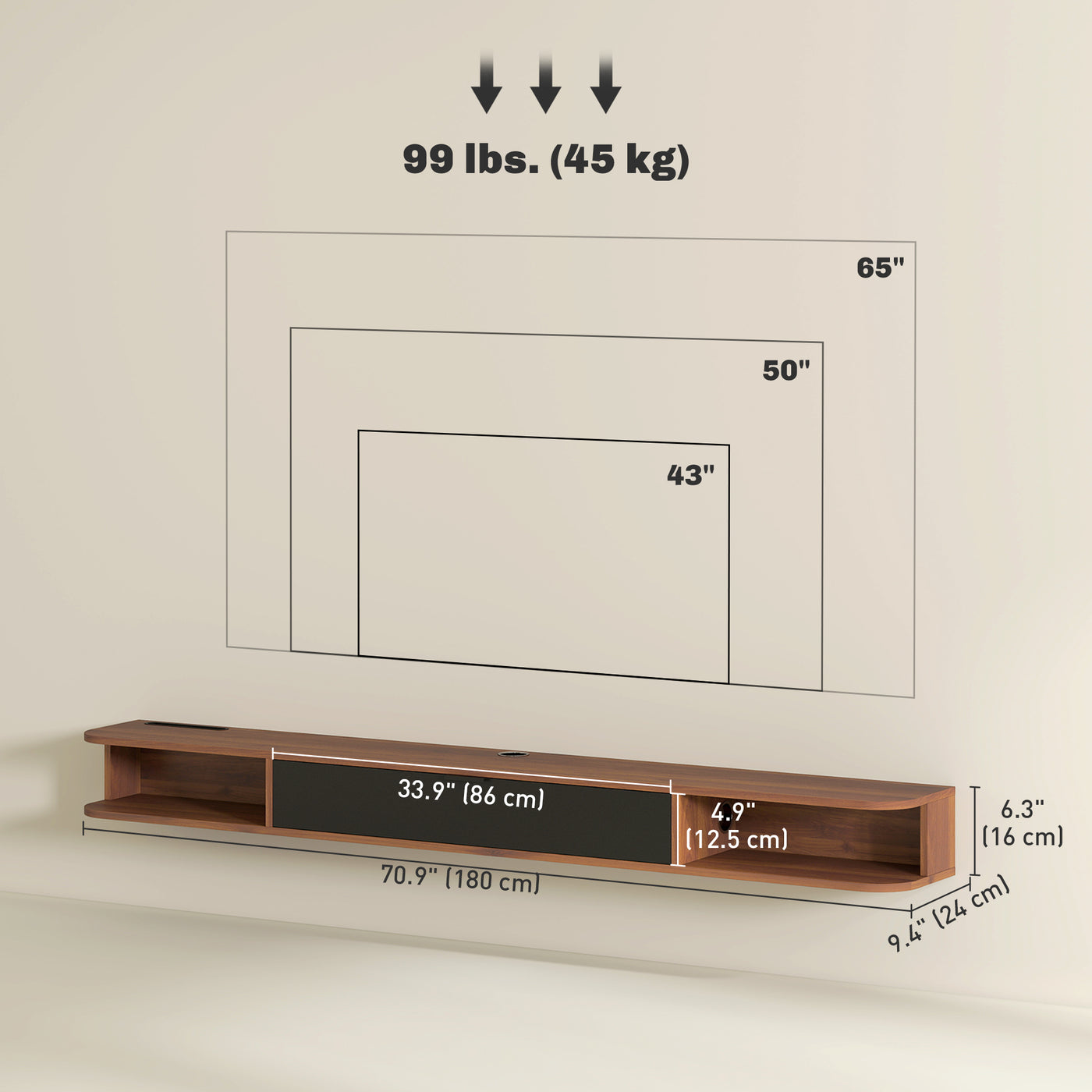 71" Floating TV Stand for TVs up to 75 Inch, Wall Mounted Media Console with Flip Drawer and 2 Open Shelves, Walnut