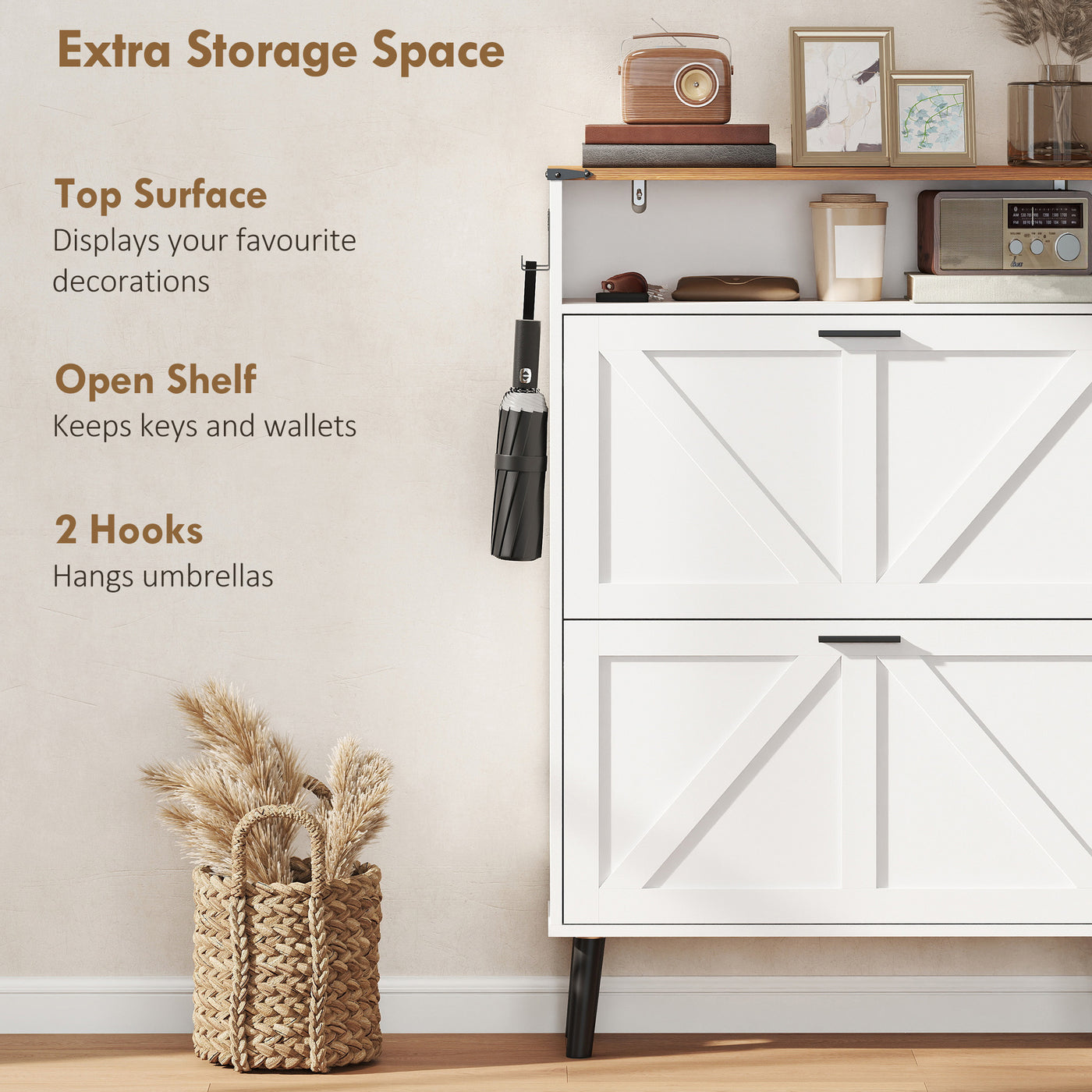 Shoe Storage Cabinet with 2 Flip Drawers, Farmhouse Narrow Shoe Cabinet, Holds Up to 16 Pairs, White
