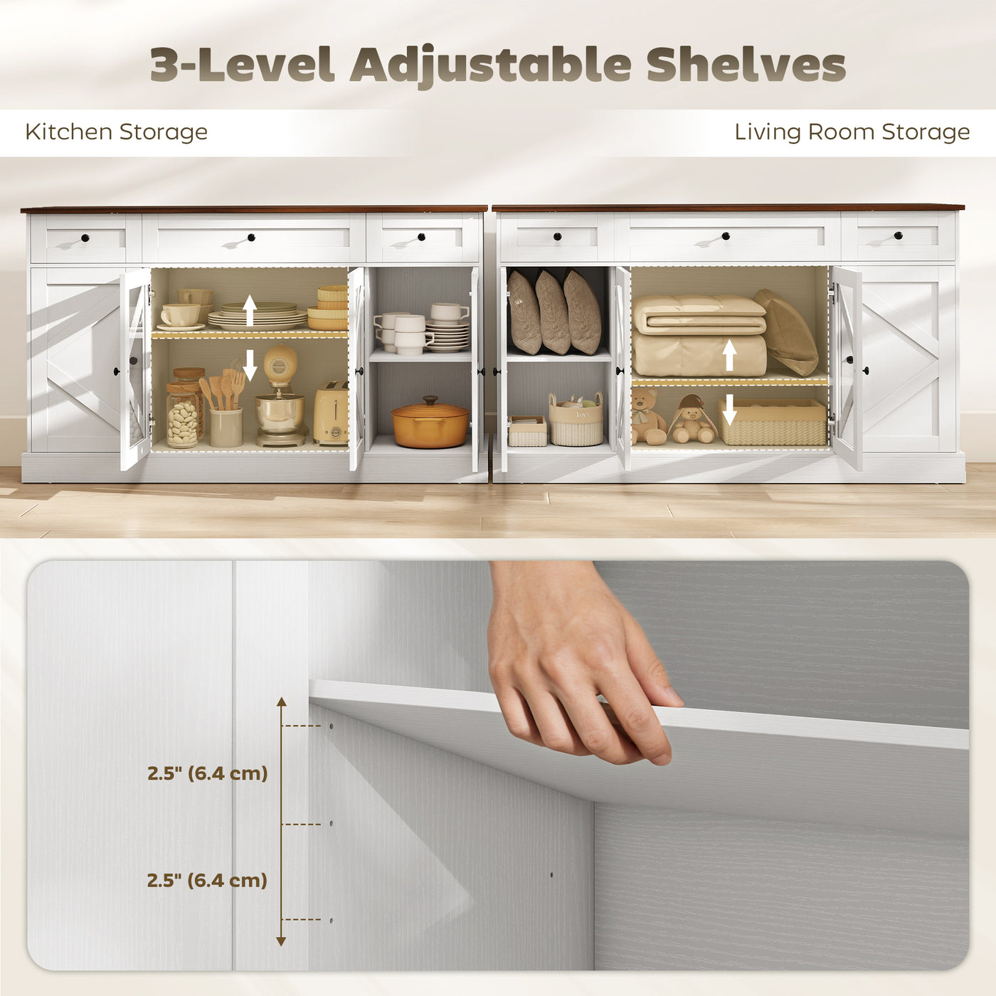 Sideboard Buffet Cabinet, 54" Farmhouse Kitchen Storage Cabinet with Acrylic Barn Doors and 3 Drawers, White Wood Grain