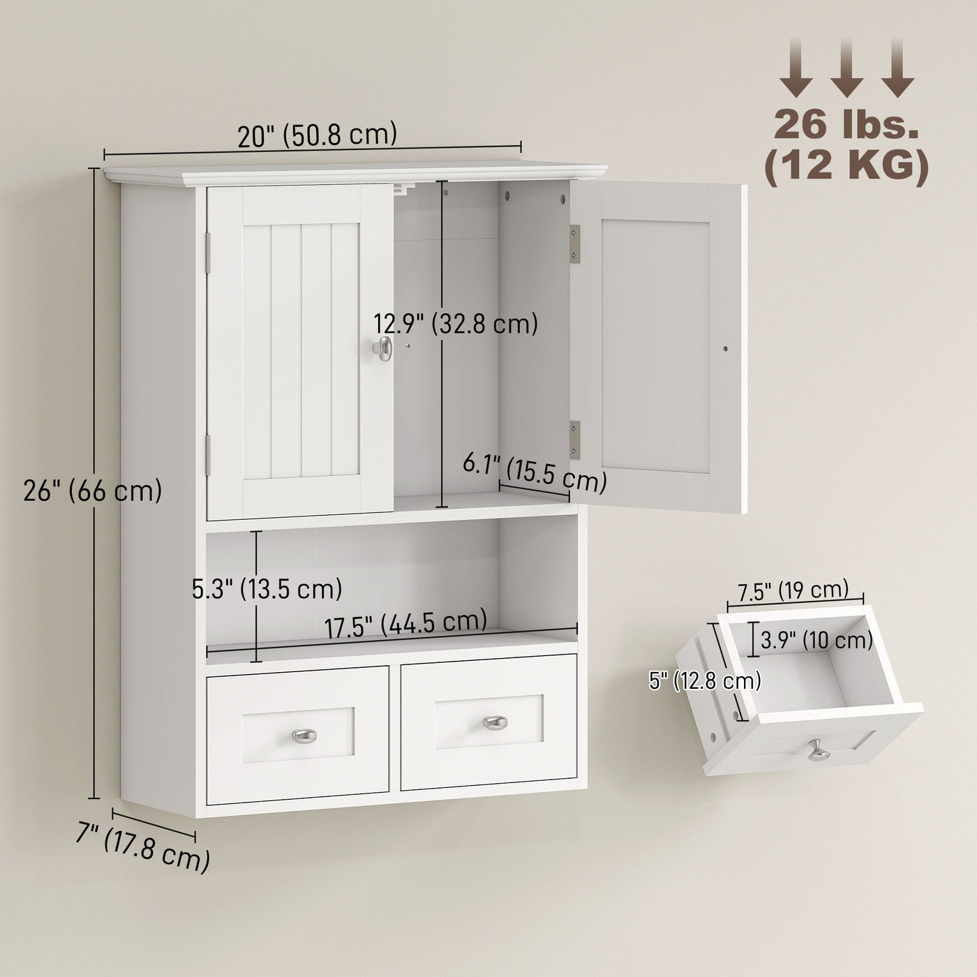 Bathroom Wall Cabinet, Medicine Cabinet, Over Toilet Storage Cabinet with Shelf and Drawers for Hallway, Living Room, White