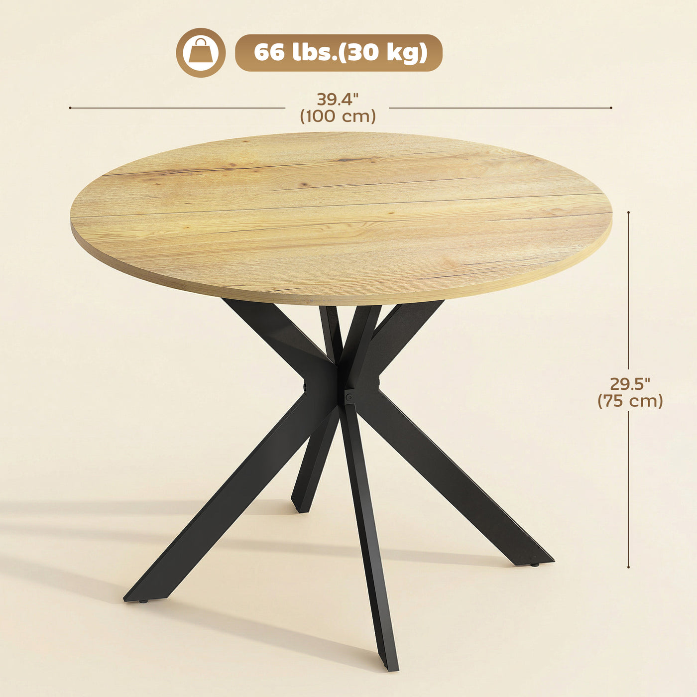 39" Dining Table, Contemporary Round Kitchen Table with Steel Legs, Brown Wood Grain