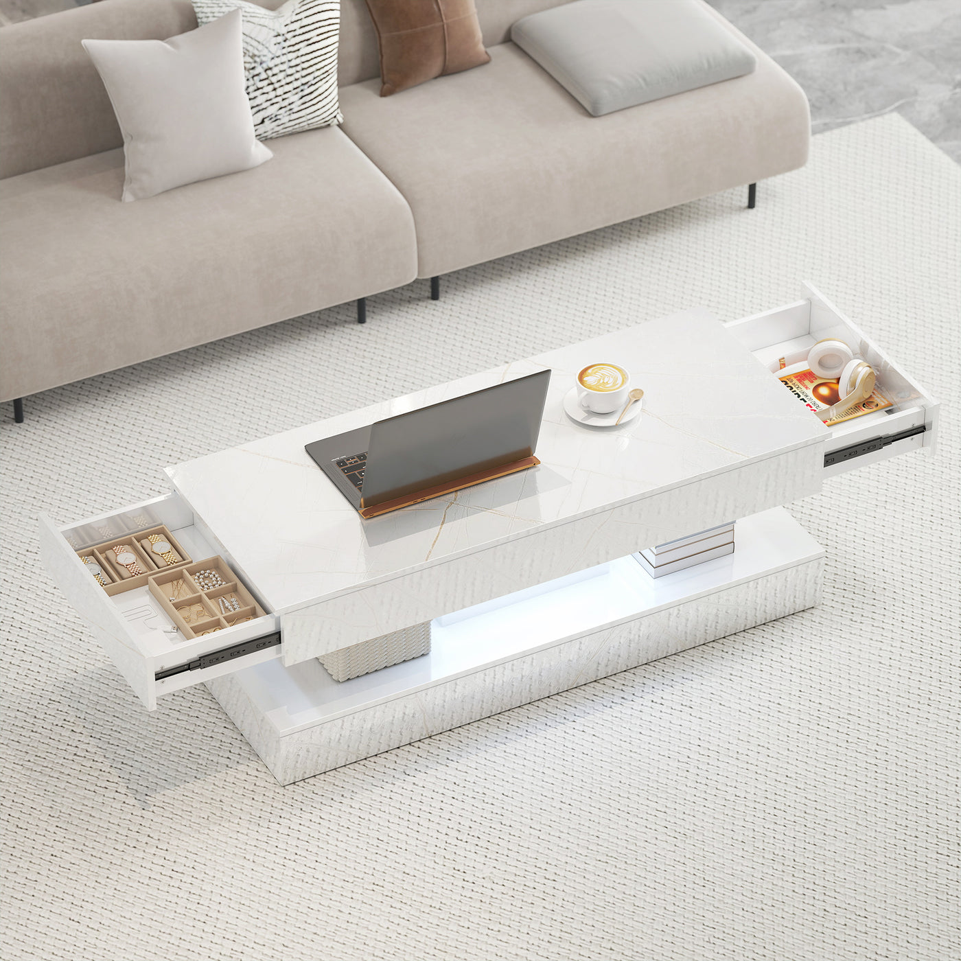 Coffee Table with Adjustable LED Lights, Center Table with 2 Drawers, Open Shelf, Remote, High Gloss Marble-Effect White