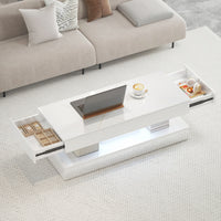Coffee Table with Adjustable LED Lights, Center Table with 2 Drawers, Open Shelf, Remote, High Gloss Marble-Effect White