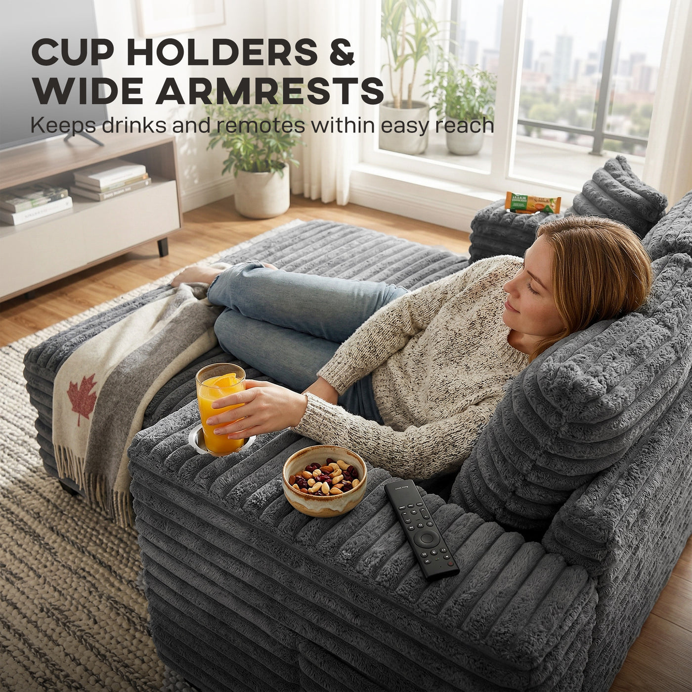 60" Chaise Lounge Chair, Oversized Upholstered Sofa Bed with Cup Holders & Pillows, Sleeper Couch for Living Room, Grey