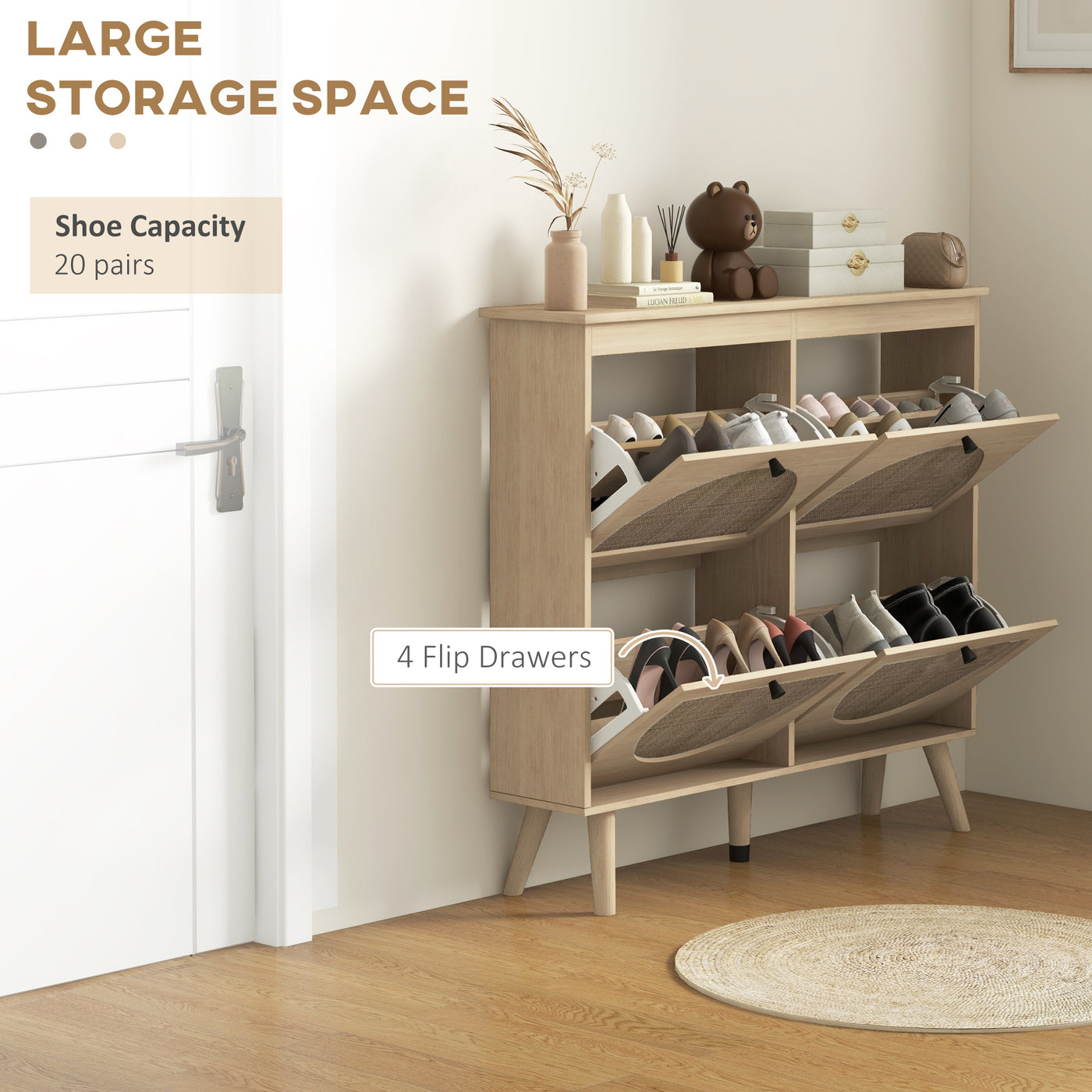Shoe Cabinet for entryway, Shoe Storage Cabinet with 4 Flip Drawers and Adjustable Shelves for 20 Pairs of Shoes, Oak