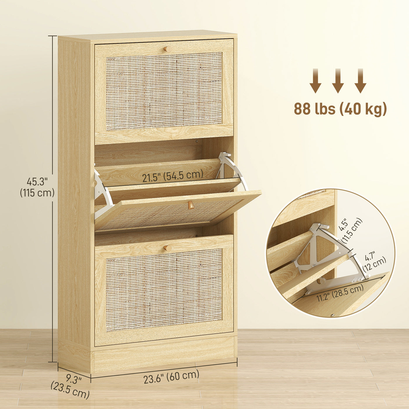 Rattan Shoe Storage Cabinet with 3 Flip Drawers and Adjustable Shelves, Entryway Shoe Cabinet for 18 Pairs, Oak