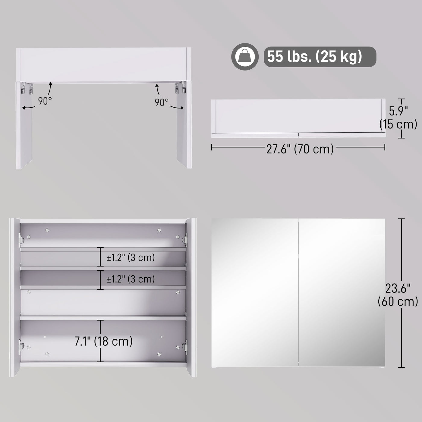 Wall Mount Mirrored Medicine Cabinet, Bathroom Mirror Cabinet with Adjustable Shelf, Double Soft Closing Doors, Light Lilac