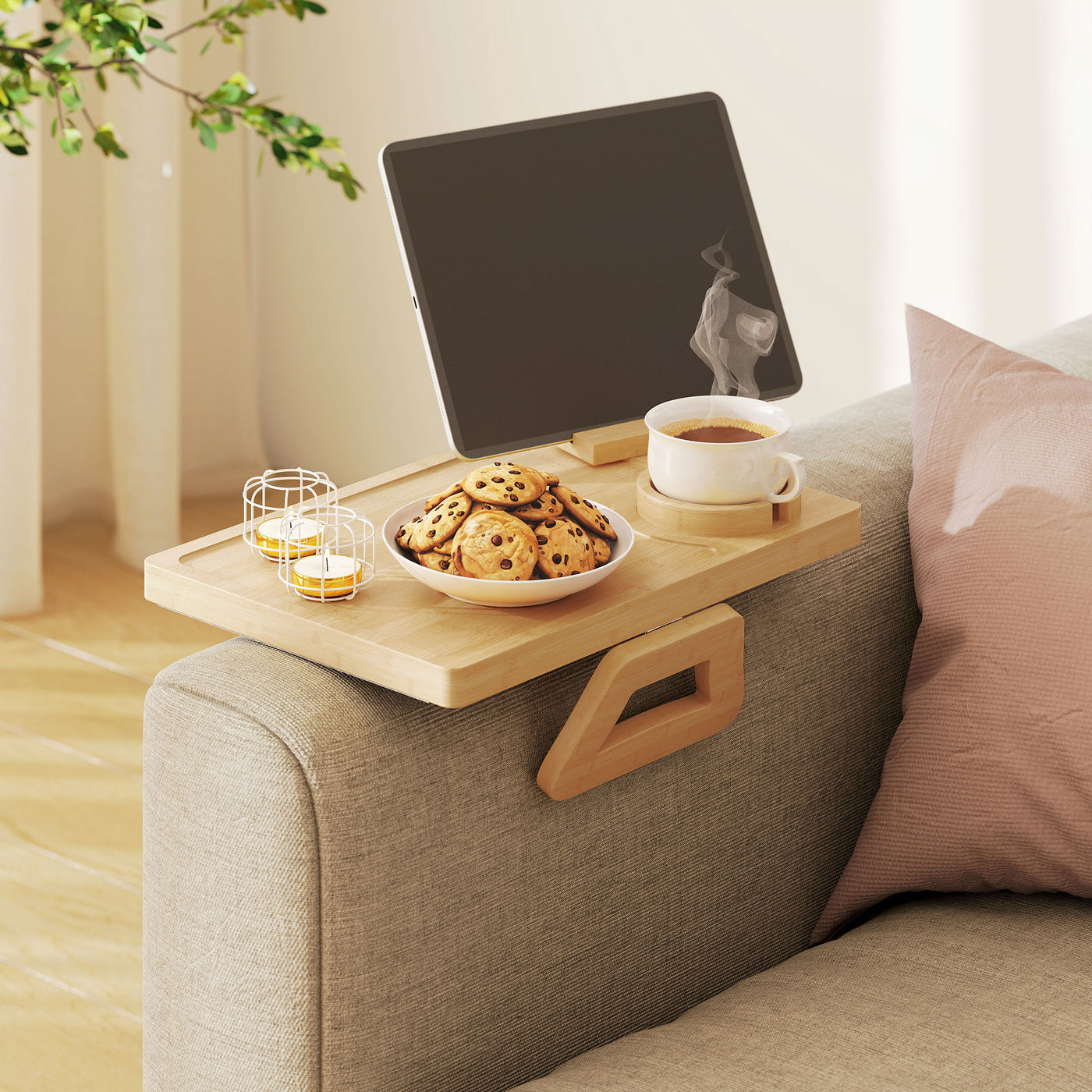 Couch Arm Tray, Clip-On Side Table with 360° Rotating Phone Holder and Removable Cup Holder, Natural