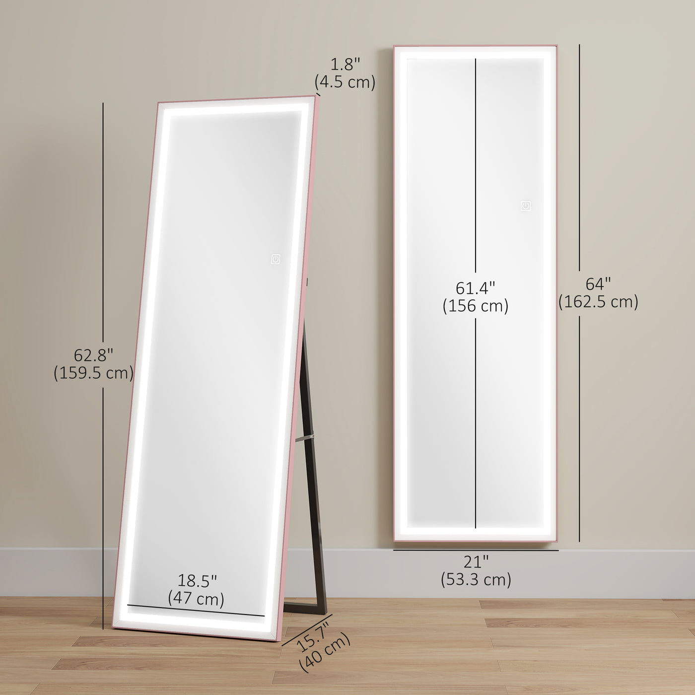LED Mirror with Dimmable and 3 Colour Lights, 64" x 21" Rectangular Floor Mirror for Bedroom Living Room, Pink