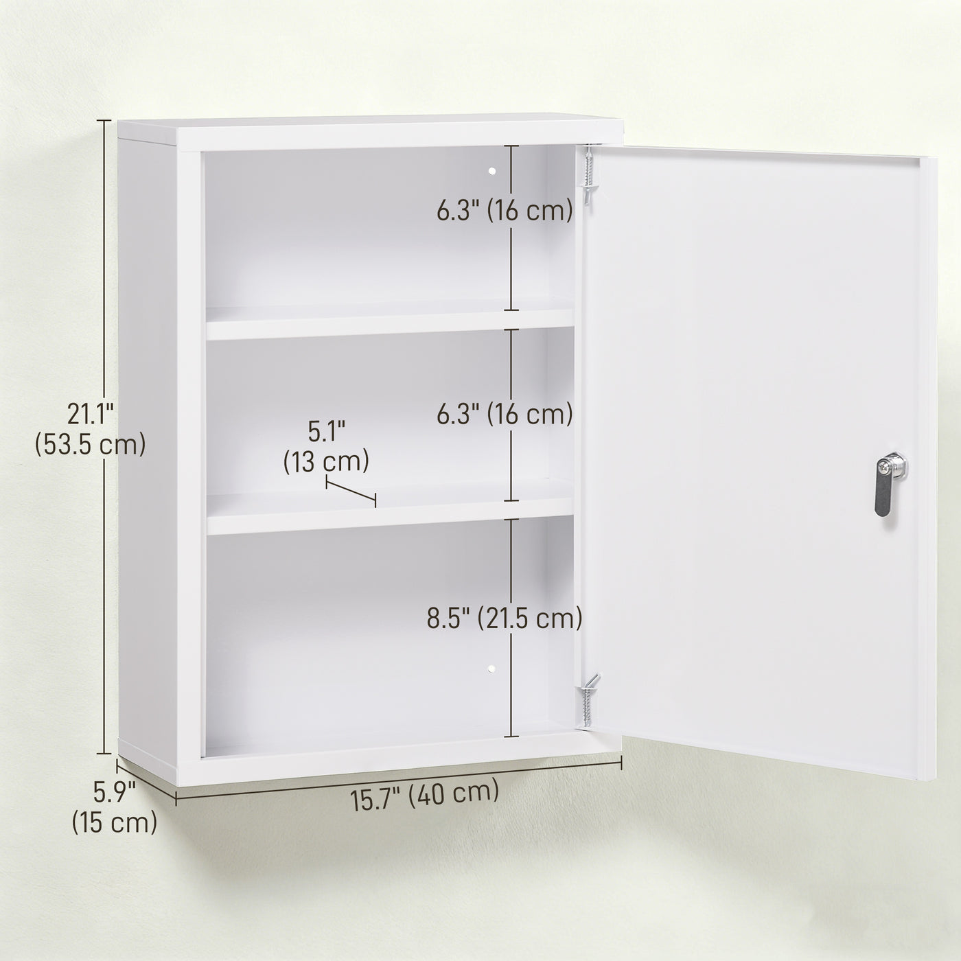 Lockable Medicine Cabinet, 3 Tier Steel Medical Wall Box with 2 Keys and Shelves for Bathroom, White