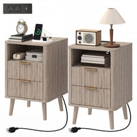 Nightstands Set of 2, Modern Bedside Tables with Charging Station, 2 Drawers and Open Shelf, Grey
