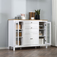 Buffet Cabinet Sideboard with 2 Drawers, 3 Storage Cabinets, Glass Doors and Adjustable Shelves, White