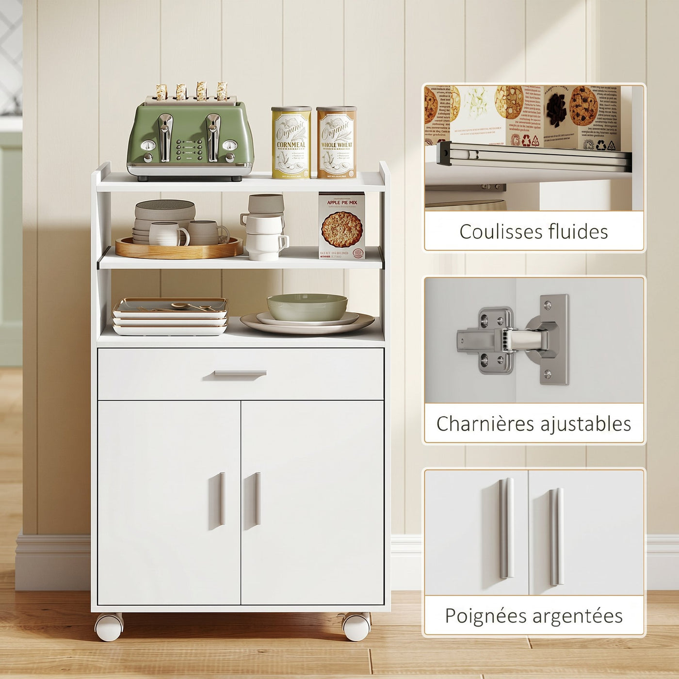 Microwave Cart with Wheels, Microwave Stand with Worktop, Open Shelves and Drawer, Storage Cabinet, White