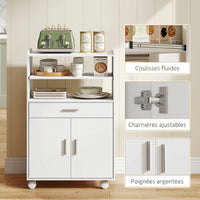 Microwave Cart with Wheels, Microwave Stand with Worktop, Open Shelves and Drawer, Storage Cabinet, White