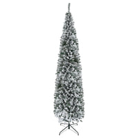 9ft Flocked Christmas Tree, Pencil Christmas Tree with Realistic Branch Tips, Folding Metal Stand, Green