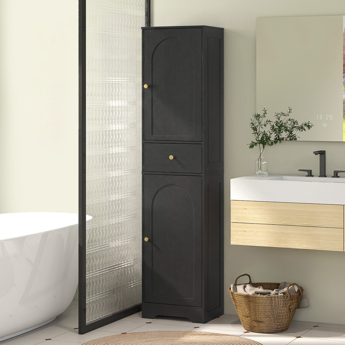 67" Tall Bathroom Cabinet, Slim Bathroom Storage Cabinet with 2 Doors, Drawer and Adjustable Shelf, Black Wood Grain