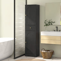 67" Tall Bathroom Cabinet, Slim Bathroom Storage Cabinet with 2 Doors, Drawer and Adjustable Shelf, Black Wood Grain