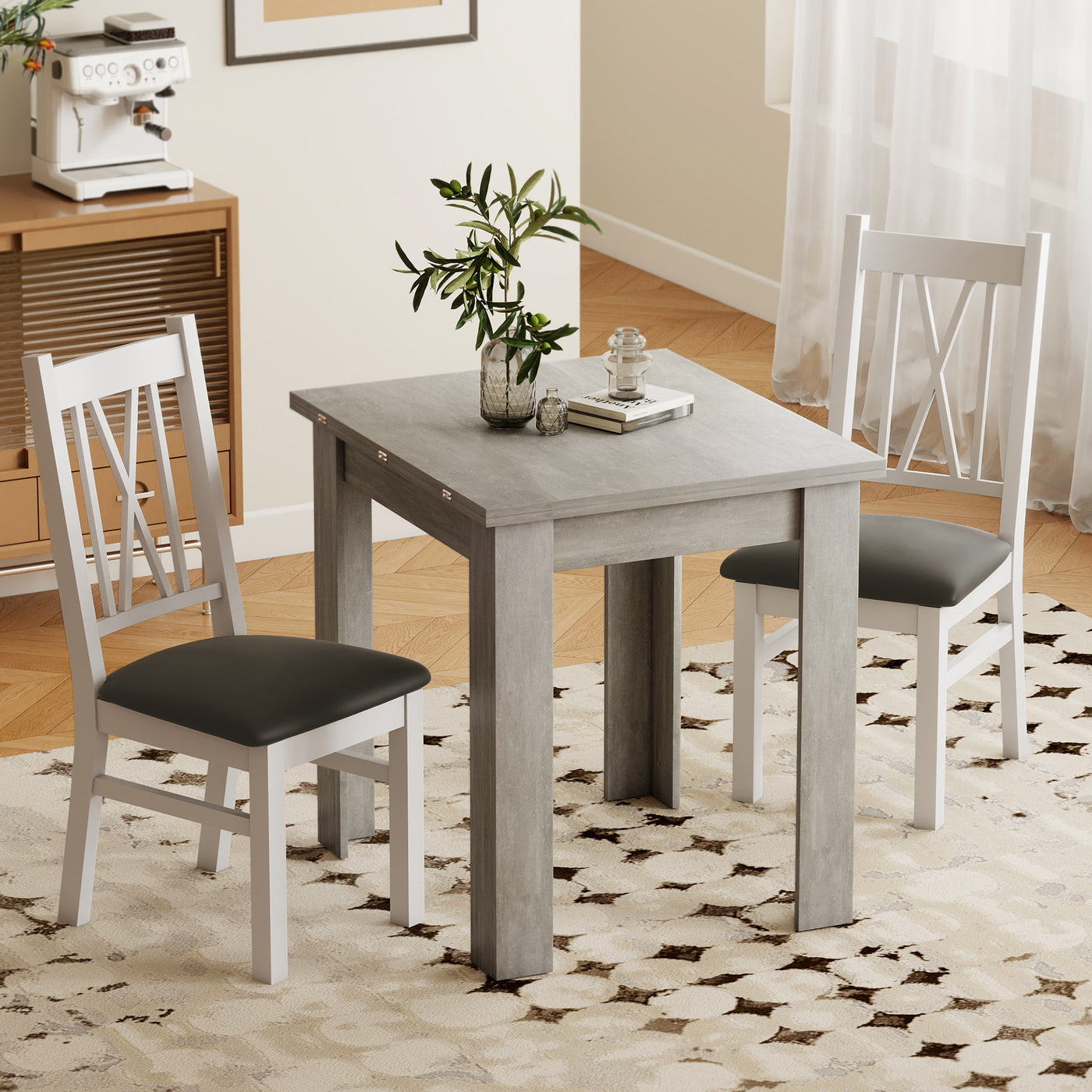 55" Extendable Dining Table for 4-6 Person, Kitchen Table with PU Handle and Felt Pads for Small Spaces, Grey
