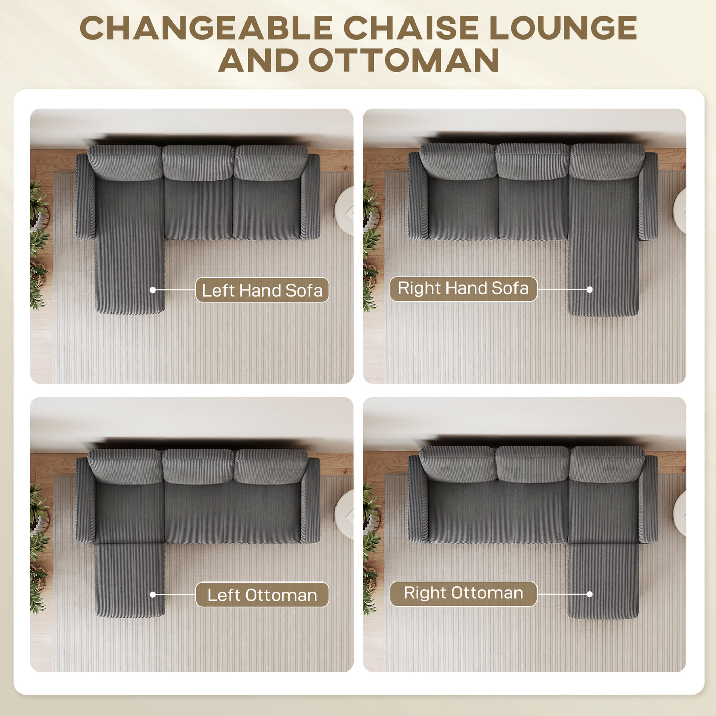 Sectional Sofa, L Shaped Couch, with Changeable Chaise or Ottoman, Dark Grey