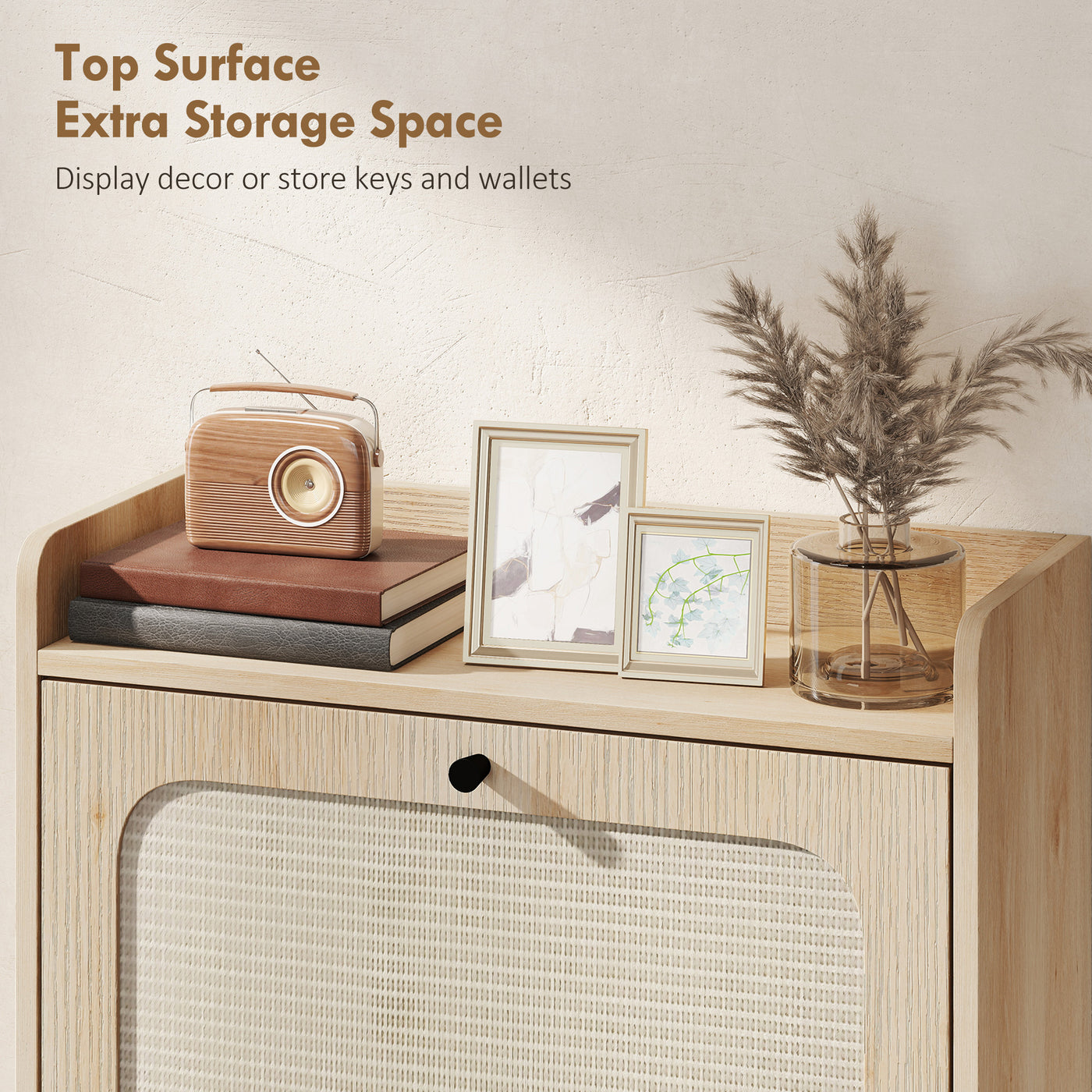 Shoe Cabinet with 2 Flip Drawers, Boho Narrow Shoe Storage Cabinet, Oak