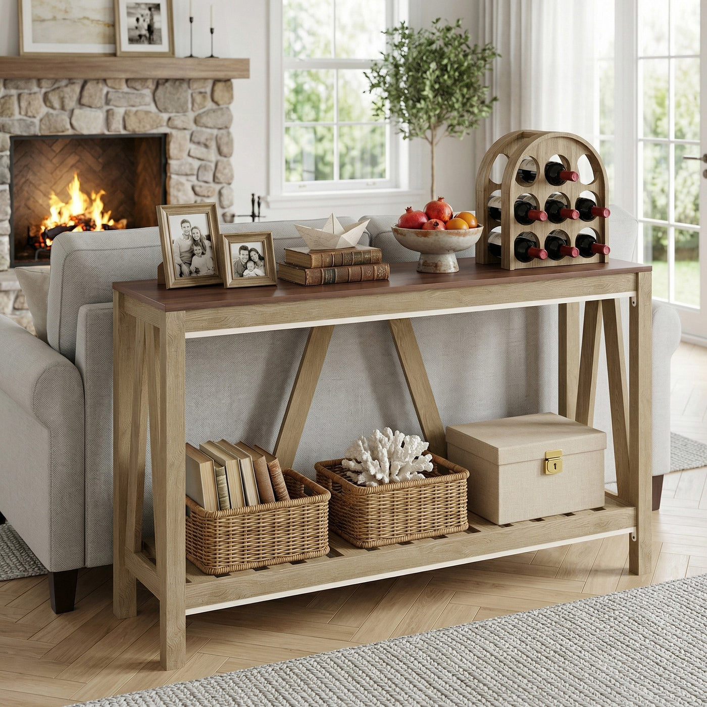 52" Console Table, Farmhouse Narrow Entryway Table with Storage Shelf, Rustic Sofa Table with Anti-tipper for Living Room and Hallway, Oak
