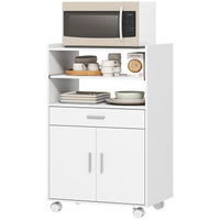 Microwave Cart with Wheels, Microwave Stand with Worktop, Open Shelves and Drawer, Storage Cabinet, White