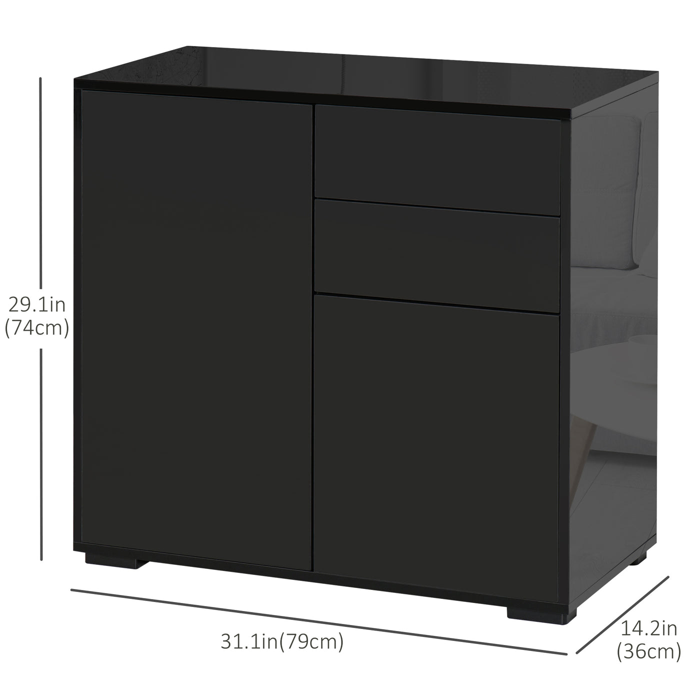High Gloss Buffet Sideboard with 2 Drawers, 2 Doors and Adjustable Shelf, Kitchen Storage Cabinet with Push Open Design, Black