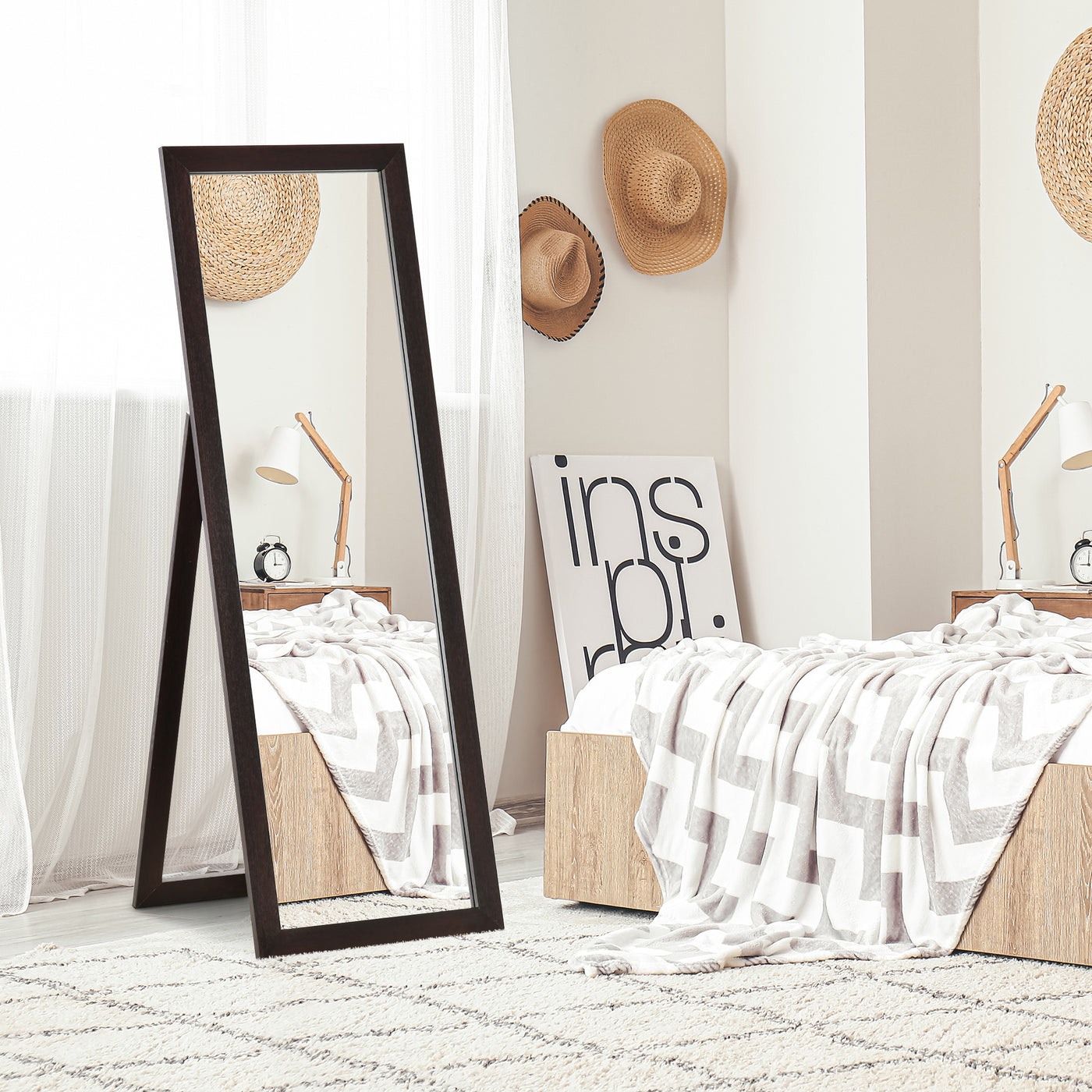 58" x 20" Full Length Mirror with Frame, Floor Standing Mirror, Rectangular Full Body Mirror for Bedroom, Living Room, Brown