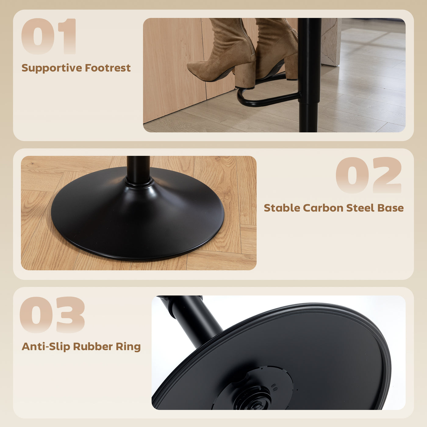Bar Stools Set of 2, Swivel Counter Height Barstools with Footrest, Black