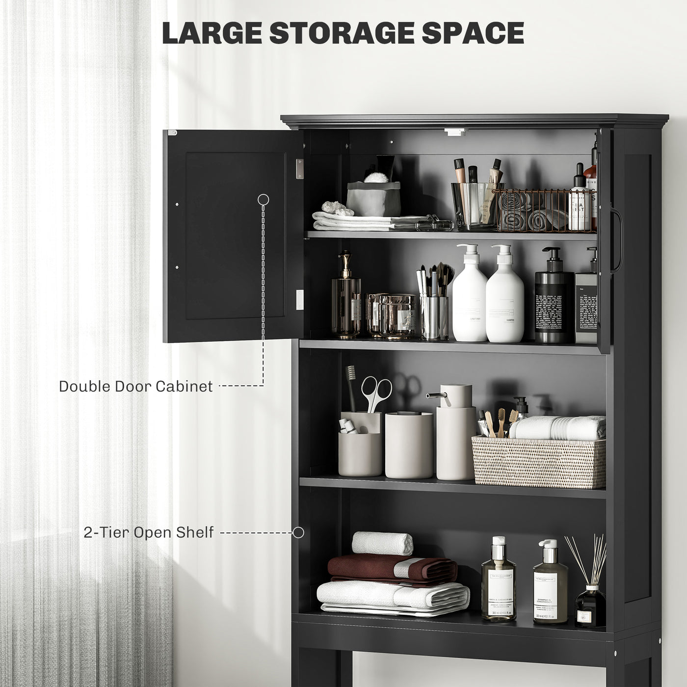 Modern Over The Toilet Storage, Bathroom Cabinets Over Toilet with Open Shelves and Double Door Cabinet, Black