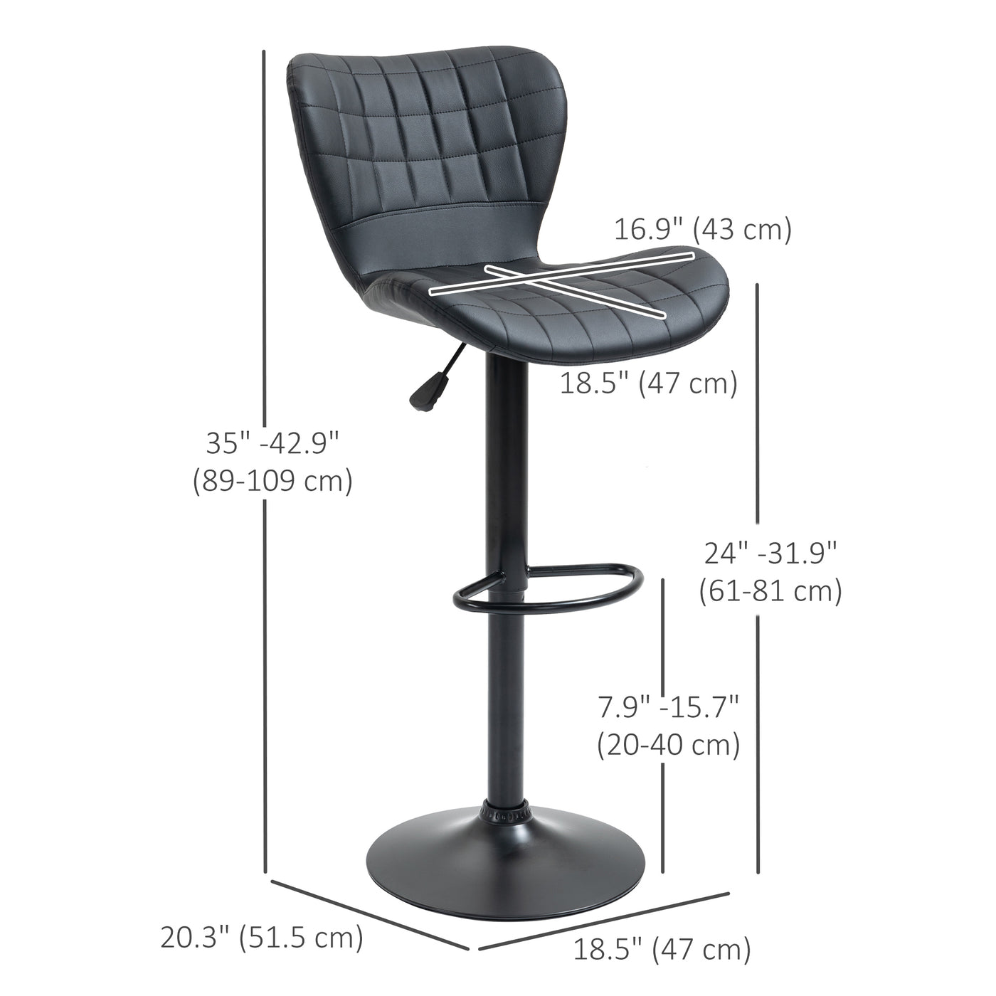 Bar Stools Set of 2, Adjustable Height Swivel Bar Chairs, PU Leather Upholstered Kitchen Counter Stools with Wide Seat, Back and Footrest, Black