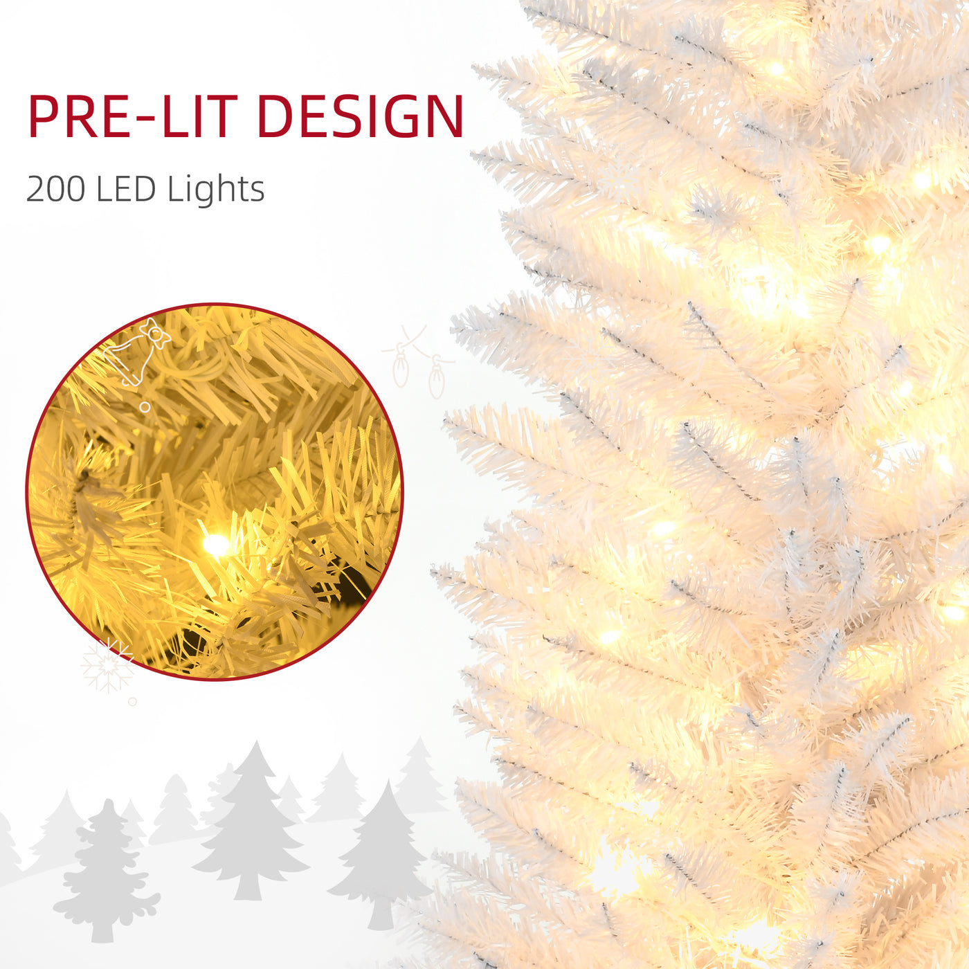 6' Pre Lit Artificial Pencil Christmas Trees, Xmas Tree with Realistic Branches and Warm White LED Lights, White