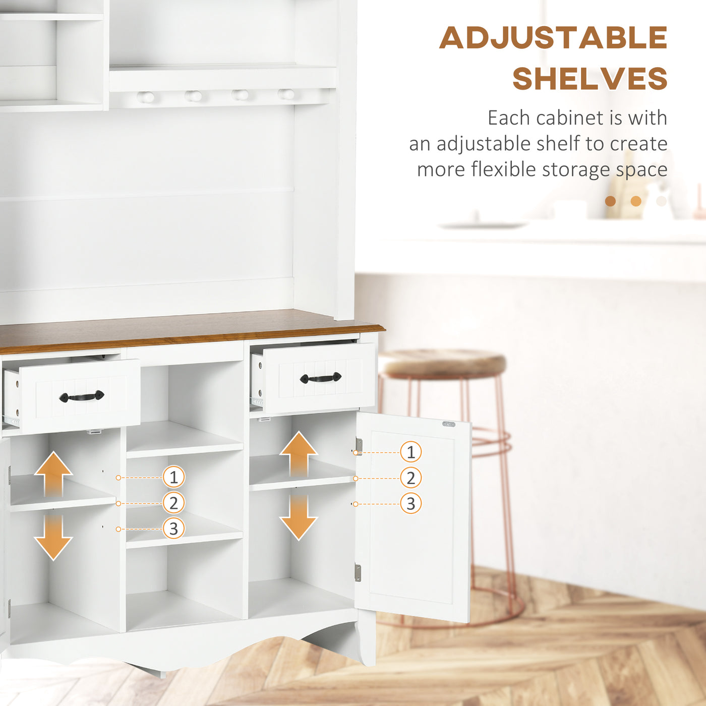 71" Kitchen Buffet with Hutch, Farmhouse Style Storage Cupboard with Utility Drawer, 3 Door Cabinets and 5-tier Shelves, White
