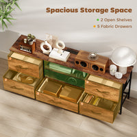 TV Stand for TVs up to 65 Inch, Industrial TV Console with Charging Station, 5 Drawers and Open Shelves, Rustic Brown