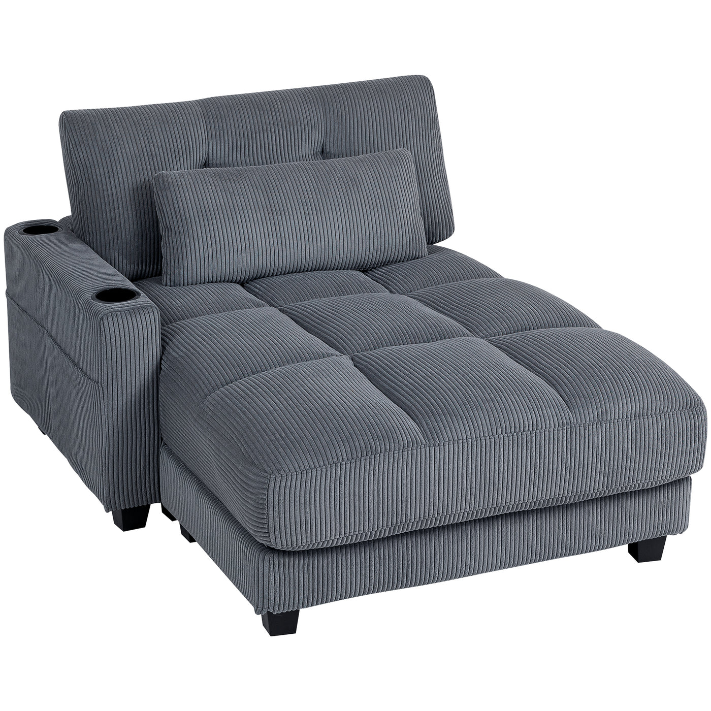 58" Chaise Lounge Indoor, Oversized Corduroy Sofa Bed with 2 Cup Holders, Pillow, Deep Seat Sleeper Couch, Dark Grey
