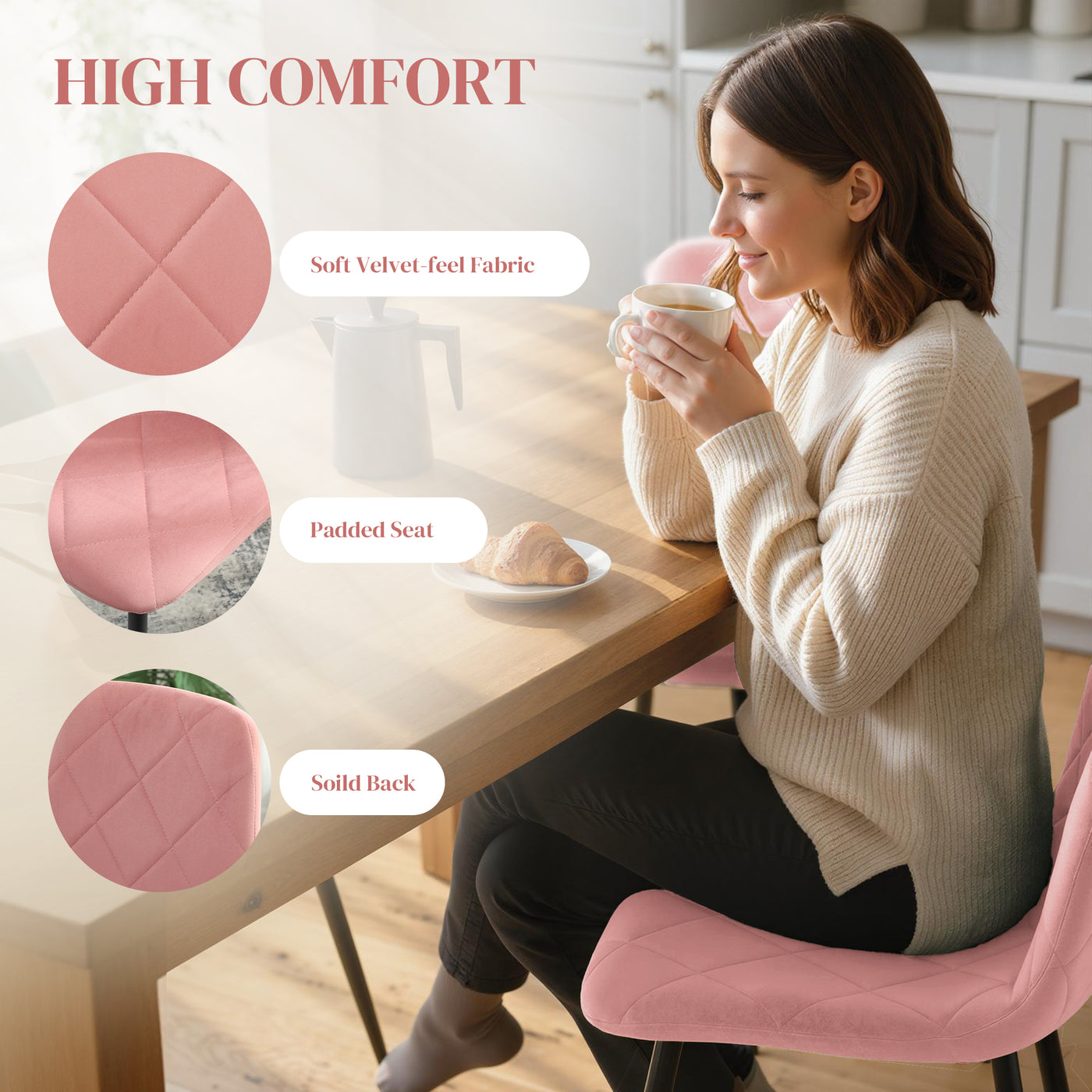 Dining Chairs Set of 4, Upholstered Dining Room Chairs with Steel Legs, Modern Kitchen Chair for Dining Room, Pink