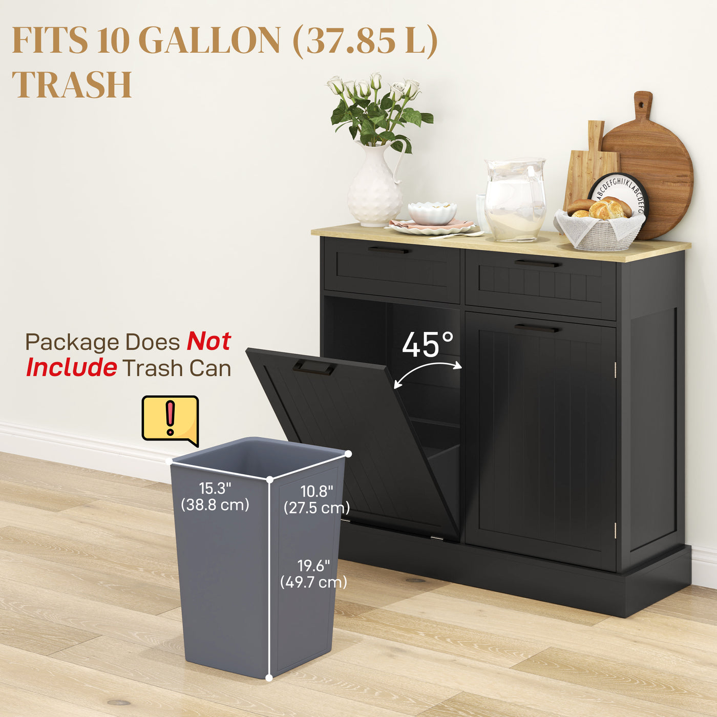 Hidden Garbage Bin Cabinet, Tilt Out Trash Cabinet w/ 2 Drawers, Freestanding Kitchen Island for Laundry, Black