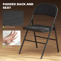 Set of 2 Metal Foldable Chairs, Linen Fabric Padded Folding Chairs with Cushion Seat and Open Back for Indoor, Black