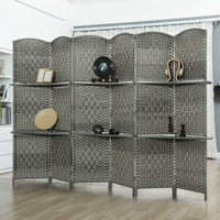 6 FT Privacy Screen, 6 Panel Room Divider with Shelves for Living Room Bedroom Home Office, Grey