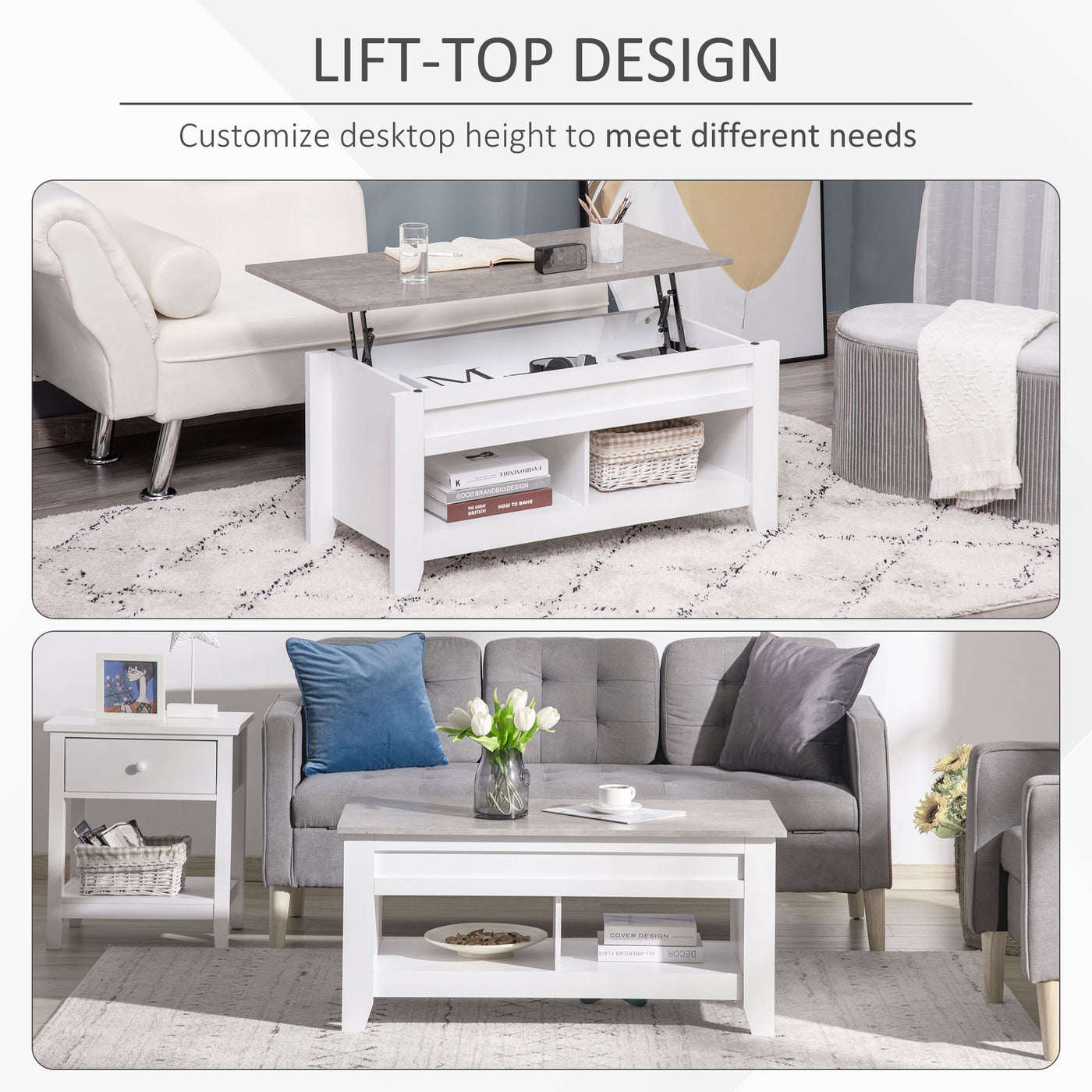 Lift Top Coffee Table with Hidden Storage Compartment and Open Shelves, Lift Tabletop Pop-Up Center Table for Living Room, White