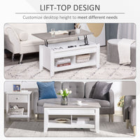 Lift Top Coffee Table with Hidden Storage Compartment and Open Shelves, Lift Tabletop Pop-Up Center Table for Living Room, White