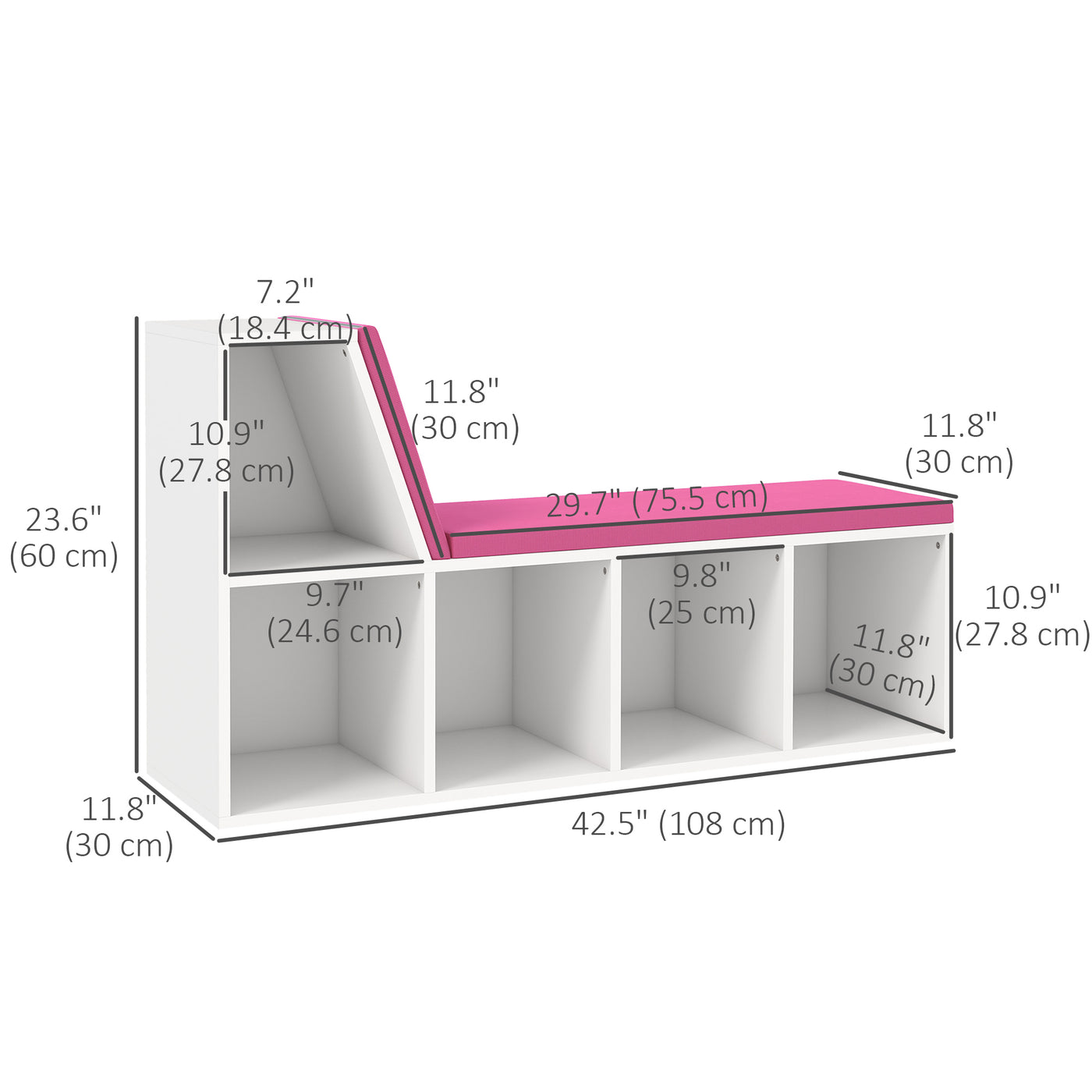 Multi-Purpose Bookshelf with 5 Cubes, 5-Cubby Bookcase with Cushioned Reading Nook and Storage Shelves, Pink