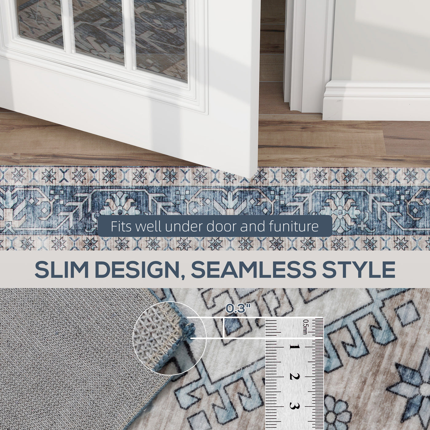 5x7 Area Rug, Vintage Machine Washable Rug, Non-Slip Floor Carpet for Living Room, Bedroom, Dining Room, Blue